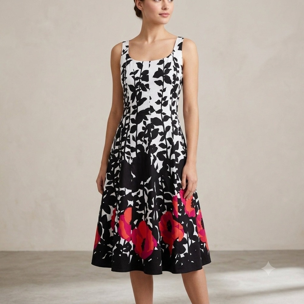 Nine West Women Black White Red Floral Poppy Leaf Print‎ Fit Flare Dress 12